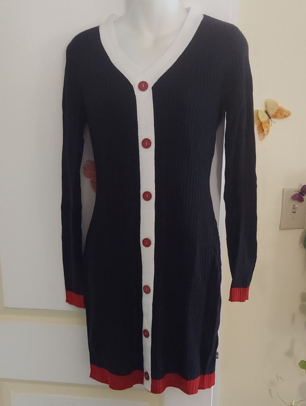 Long Ribbed Button-Front Dress with Contrast Trim - Navy and White